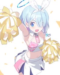Rule 34 | :d, absurdres, armpits, arona (blue archive), blue archive, blue hair, blue serafuku, bow hairband, braid, cheering, cheerleader, hair over one eye, hairband, halo, highres, holding, holding pom poms, light blue hair, makai no juumin, millennium cheerleader outfit (blue archive), navel, open mouth, pleated skirt, pom pom (cheerleading), pom poms, school uniform, serafuku, simple background, single braid, skirt, smile, solo, unfinished, white background, white skirt