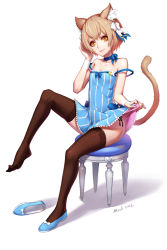 Rule 34 | 10s, 1boy, 2016, animal ears, artist name, bare shoulders, black panties, black thighhighs, blue bow, blue dress, blue footwear, blue ribbon, bow, brown hair, cat boy, cat ears, cat tail, choker, closed mouth, clothes lift, collarbone, crossdressing, dated, dress, dress lift, eyebrows, eyelashes, feet, felix argyle, flashing, flats, full body, fur, hair bow, hand on own head, highres, knee up, lifted by self, looking at viewer, male focus, mool yueguang, panties, plantar flexion, re:zero kara hajimeru isekai seikatsu, ribbon, shadow, shoes, unworn shoes, short dress, short eyebrows, short hair, side-tie panties, side-tie peek, simple background, single shoe, sitting, sleeveless, sleeveless dress, smile, solo, stool, strap slip, tail, thighhighs, toe-point, trap, underwear, white background, white bow, wristband, yellow eyes