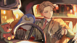 Rule 34 | 1boy, artist name, bishounen, black gloves, blonde hair, blue eyes, bouquet, car interior, cigarette, closed mouth, collared shirt, commentary request, cup, disposable cup, driving, english text, eyelashes, flower, forehead, gloves, indoors, kadeart, looking away, male focus, necktie, pocket square, pointy nose, red necktie, rose, shirt, short hair, smoke, solo, spy x family, steering wheel, stuffed animal, stuffed penguin, stuffed toy, twilight (spy x family), upper body, v-shaped eyebrows, vest