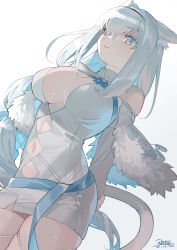 Rule 34 | 1girl, absurdres, animal ear fluff, animal ears, argyle, argyle clothes, argyle cutout, armored boots, bare shoulders, blue bow, blue eyes, blue ribbon, blue thighhighs, blush, boots, bow, breasts, cat ears, cat girl, cat tail, cleavage, clothing cutout, detached collar, detached sleeves, dobrynya nikitich (fate), dress, fate/grand order, fate (series), fur trim, hair bow, hairband, highres, knee boots, large breasts, long hair, looking at viewer, low ponytail, nao (syn eaa), navel, revision, ribbon, short dress, solo, tail, thighhighs, thighs, white dress, white hair
