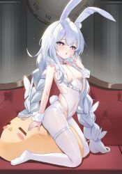 1girl absurdres animal_ears azur_lane blue_eyes blush_stickers braid breasts collar couch covered_navel cross-shaped_pupils crossed_bangs crotchless crotchless_pantyhose fake_animal_ears fake_tail from_side grey_hair hair_between_eyes hand_up hashtag-only_commentary henem416 highres indoors kneeling le_malin_(azur_lane) le_malin_(listless_lapin)_(azur_lane) leotard light_blush long_hair looking_at_viewer low_twin_braids manjuu_(azur_lane) no_shoes o-ring_collar official_alternate_costume on_couch open_mouth pantyhose playboy_bunny rabbit_ears rabbit_tail small_breasts solo symbol-shaped_pupils tail thigh_strap twin_braids very_long_hair white_collar white_leotard white_pantyhose white_wrist_cuffs wrist_cuffs