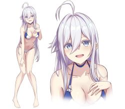 Rule 34 | 1girl, 86 -eightysix-, :d, ahoge, antenna hair, bare shoulders, bikini, blue choker, blue eyes, breasts, choker, collarbone, full body, highres, leaning forward, levy (comradlevy), long hair, looking at viewer, medium breasts, multiple views, open mouth, simple background, smile, standing, swimsuit, thighs, very long hair, vladilena millize, white background, white bikini, white hair