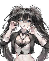 Rule 34 | 1girl, absurdres, black hair, black jacket, blue eyes, breasts, claw pose, collarbone, commentary, crop top, cropped vest, detached collar, grey vest, highres, jacket, long hair, midriff, misyune, navel, open mouth, original, simple background, small breasts, solo, striped clothes, striped jacket, symbol-only commentary, twintails, very long hair, vest, white background