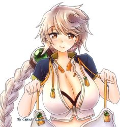 Rule 34 | 1girl, asymmetrical hair, black bra, blush, bra, braid, breasts, brown eyes, cleavage, cleavage cutout, unworn clothes, clothing cutout, cloud print, commentary request, crop top, jitome, kantai collection, large breasts, light smile, long hair, looking at viewer, midriff, oekaki lemon, pink lips, short sleeves, silver hair, single braid, smile, solo, twitter username, underwear, unryuu (kancolle), upper body, very long hair, wavy hair, white background