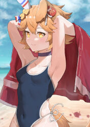 Rule 34 | + +, 1girl, absurdres, alternate costume, animal ears, armpits, arms up, beach, black choker, blue one-piece swimsuit, blue sky, breasts, chinese commentary, choker, cloud, cloudy sky, clover hair ornament, collarbone, commentary request, daruma doll, ear covers, flipped hair, four-leaf clover hair ornament, hair between eyes, hair ornament, highleg, highleg swimsuit, highres, horse ears, horse girl, horse tail, jacket, looking at viewer, matikanefukukitaru (umamusume), one-piece swimsuit, orange eyes, orange hair, outdoors, owl (ddap), red jacket, sand, single ear cover, sky, small breasts, solo, swimsuit, tail, track jacket, umamusume