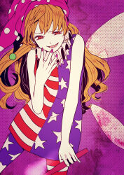 Rule 34 | 1girl, american flag dress, american flag legwear, arai ako, bare shoulders, blonde hair, clownpiece, dress, fairy wings, highres, holding, holding torch, long hair, looking at viewer, multicolored clothes, pantyhose, polka dot headwear, purple background, purple headwear, purple nails, red eyes, smile, solo, star (symbol), star print, striped clothes, striped dress, torch, touhou, wings