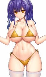 Rule 34 | 1girl, absurdres, asamura hiori, azur lane, bikini, blue hair, breasts, cameltoe, cleavage, closed mouth, commentary request, cowboy shot, gluteal fold, halterneck, highleg, highleg bikini, highres, large breasts, looking at viewer, medium hair, micro bikini, navel, official alternate costume, orange bikini, orange eyes, outstretched arms, pola (azur lane), pola (seaside coincidence) (azur lane), shiny skin, side-tie bikini bottom, sidelocks, simple background, skindentation, smile, solo, spread arms, standing, stomach, swimsuit, thighhighs, thong, twintails, white background, white thighhighs
