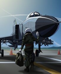 1girl absurdres aircraft airplane bag blue_sky fighter_jet from_behind gloves helmet highres jet military_vehicle people&#039;s_republic_of_china_flag pilot_suit pl-12 pl-8 shenyang_j-8 sky solo traffic_cone vf31j war_thunder white_gloves white_helmet