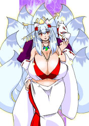 Rule 34 | 1girl, animal ears, bare shoulders, blue hair, bra, breasts, cat ears, cat girl, cleavage, detached sleeves, female focus, fox, fox tail, gigantic breasts, groin, hair ornament, inari, lingerie, long hair, mask, multiple tails, red eyes, solo, standing, tail, tatara, underwear