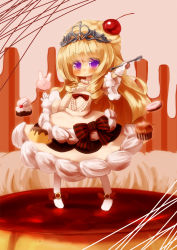 Rule 34 | 1girl, blonde hair, cake, crown, doughnut, dress, duel monster, food, food as clothes, highres, hiro1417, madolche, madolche puddingcess, pudding, purple eyes, solo, spoon, yu-gi-oh!, yuu-gi-ou, yu-gi-oh! duel monsters