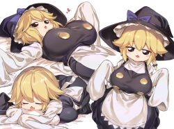 Rule 34 | 1girl, apron, black eyes, black hat, black skirt, black vest, blonde hair, blue bow, bow, braid, breasts, buttons, closed eyes, commentary request, cookie (touhou), fang, full body, hair bow, hat, hat bow, highres, kirisame marisa, large breasts, looking at viewer, lying, multiple views, mutsutake, on back, open mouth, shirt, short hair, simple background, single braid, skirt, sleeves past fingers, sleeves past wrists, touhou, vest, waist apron, white apron, white background, white shirt, witch hat, yuuhi (cookie)