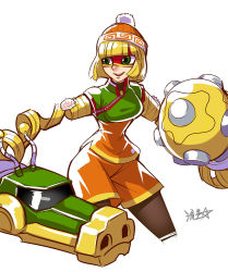 Rule 34 | 1girl, :d, arms (game), beanie, blonde hair, bob cut, breasts, brown pantyhose, cannon, chinese clothes, cropped legs, eye mask, green eyes, hat, highres, medium breasts, medium hair, min min (arms), nintendo, open mouth, orange hat, orange shorts, pantyhose, ryuusei (mark ii), shorts, signature, simple background, smile, solo, standing, super smash bros., white background