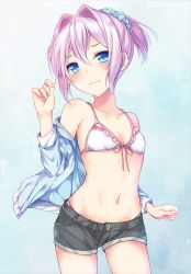 Rule 34 | 1girl, bare shoulders, bikini, bikini top only, bikini under clothes, blue eyes, blush, breasts, collarbone, commentary request, front-tie top, hair between eyes, hair intakes, hair ornament, hair scrunchie, hikobae, jacket, kantai collection, looking at viewer, navel, off shoulder, pink hair, ponytail, scrunchie, shiranui (kancolle), short ponytail, short shorts, shorts, simple background, small breasts, solo, swimsuit, wavy mouth