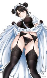 Rule 34 | 1girl, absurdres, agent (girls&#039; frontline), aiuti, ass, black gloves, black panties, blush, breasts, cameltoe, clothes lift, double bun, dress, dress lift, garter belt, garter straps, girls&#039; frontline, gloves, hair bun, highres, lifted by self, looking at viewer, maid headdress, navel, panties, sangvis ferri, short hair, simple background, skindentation, solo, underwear, white background, yellow eyes