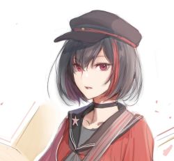 Rule 34 | 1girl, bang dream!, black choker, black hair, black sailor collar, bob cut, brown background, choker, collarbone, grey background, hat, looking at viewer, mitake ran, multicolored hair, neckerchief, open mouth, portrait, red eyes, red hair, red shirt, sailor collar, shirt, short hair, smile, solo, star ornament, strap, streaked hair, tanu0706, white background