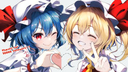 Rule 34 | 2girls, ;), blonde hair, closed eyes, closed mouth, commentary request, crossed bangs, english text, fang, flandre scarlet, hat, hat ribbon, heart hands failure, highres, looking at viewer, milestone celebration, mob cap, multiple girls, one eye closed, one side up, red eyes, red ribbon, remilia scarlet, ribbon, short hair, short sleeves, siblings, simple background, sisters, skin fang, smile, touhou, upper body, v, white background, white headwear, wrist cuffs, yamanakaume