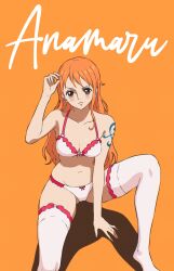 Rule 34 | 1girl, alternate breast size, armpits, blush, bra, breasts, brown eyes, cleavage, earrings, embarrassed, gluteal fold, highres, jewelry, light frown, lingerie, long hair, midriff, nami (one piece), navel, one piece, panties, solo, thighhighs, thighs, underwear