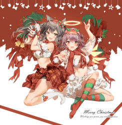 Rule 34 | 2girls, alternate costume, animal ears, arknights, bandeau, bell, bike shorts, black hair, black shorts, bow, breasts, candy, candy cane, cherry, christmas, christmas ornaments, christmas stocking, cleavage, crop top, cursive, detached wings, english text, exusiai (arknights), food, frilled skirt, frills, fruit, full body, gloves, green legwear, hairband, halo, heart, highres, kneehighs, kneeling, long hair, looking at viewer, medium breasts, merry christmas, midriff, miniskirt, mistletoe, multiple girls, navel, off-shoulder shirt, off shoulder, outstretched hand, plaid, plaid skirt, pom pom (clothes), reaching, reaching towards viewer, red background, red hair, red legwear, red skirt, ribbon, shirt, short hair, short shorts, shorts, shorts under skirt, sitting, skirt, snowflakes, snowman, socks, strapless, striped clothes, striped legwear, striped socks, texas (arknights), thighs, tube top, white background, white gloves, white legwear, white shirt, white skirt, wings, wolf ears, xiye