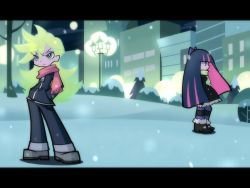 Rule 34 | 10s, 2girls, blonde hair, boots, letterboxed, multicolored hair, multiple girls, official style, panty &amp; stocking with garterbelt, panty (psg), purple hair, rate rapiku, scarf, siblings, sisters, snow, stocking (psg), striped clothes, striped thighhighs, thighhighs, two-tone hair