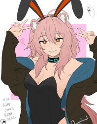 Rule 34 | 1girl, ahoge, animal ears, arknights, barcode, barcode tattoo, black coat, black collar, black leotard, border, breasts, brown eyes, bunny day, cameo, character name, cleavage, coat, collar, dated, doctor (arknights), dokonjou (odossan), double v, extra ears, fake animal ears, gravel (arknights), hair between eyes, hands up, infection monitor (arknights), leotard, long hair, long sleeves, looking at viewer, medium breasts, mouse ears, off shoulder, open clothes, open coat, outside border, parted lips, pink background, pink hair, rabbit ears, shoulder tattoo, simple background, smile, solo, strapless, strapless leotard, tattoo, upper body, v, white border