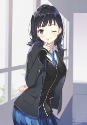 Rule 34 | 1girl, ;), arm behind back, black cardigan, black hair, black jacket, blazer, blue eyes, blue necktie, blue skirt, blush, breasts, cardigan, chitose-kun wa ramune bin no naka, closed mouth, collared shirt, cowboy shot, finger to mouth, hair intakes, hallway, highres, indoors, jacket, long hair, long sleeves, looking at viewer, medium breasts, miniskirt, nanase yuzuki, necktie, novel illustration, official art, one eye closed, open clothes, open jacket, plaid, plaid skirt, pleated skirt, school uniform, second-party source, shirt, skirt, sleeves past wrists, smile, solo, standing, textless version, v, weee (raemz), white shirt, window, wing collar
