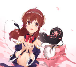 Rule 34 | 2girls, ahoge, black hair, bow, bowtie, brown eyes, brown hair, cape, cherry blossoms, cherry hair ornament, chiyoda sakura, commentary, cupping hands, daifuku (tkja3555), demon girl, demon horns, demon tail, detached sleeves, food-themed hair ornament, from behind, hair ornament, highres, horns, long hair, machikado mazoku, multiple girls, navel, open clothes, own hands together, revealing clothes, simple background, solo focus, tail, white background, wind, yoshida yuuko (machikado mazoku)