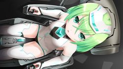 Rule 34 | 1girl, bodysuit, breasts, chair, cockpit, commentary request, controller, crossed bangs, detached sleeves, green eyes, green hair, haribote (desk of coulomb), joystick, long hair, looking at viewer, looking up, open mouth, original, sitting, small breasts, solo, thighhighs, thighs, white bodysuit, white headwear, white thighhighs
