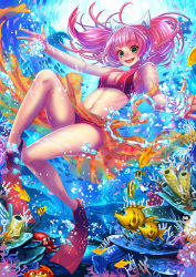 Rule 34 | 00s, 1girl, bikini, bubble, coga, coral, diving, fish, flippers, freediving, green eyes, happy, holding breath, long hair, octopus, open mouth, pink hair, red bikini, sarong, solo, swimsuit, twintails, umi monogatari, underwater, urin (umi monogatari)