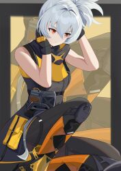 1girl absurdres black_coat black_gloves black_pants closed_mouth coat gloves grey_hair hair_between_eyes hair_intakes highres long_hair on_one_knee pants red_eyes sleeveless sleeveless_coat soldier_11_(zenless_zone_zero) solo wuxifeng zenless_zone_zero