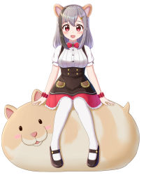 Rule 34 | 1girl, :d, absurdres, animal, animal ears, black footwear, black hair, blush, bow, bowtie, braid, breasts, buttons, extra ears, fang, frilled skirt, frills, full body, grey hair, hair ornament, hamster, hamster ears, hamster tail, highres, indie virtual youtuber, kirara mimi, lilium443, looking at viewer, medium breasts, medium hair, multicolored hair, open mouth, oversized animal, pantyhose, red eyes, red neckwear, red skirt, shirt, short sleeves, simple background, sitting, skirt, smile, streaked hair, virtual youtuber, white background, white pantyhose, white shirt