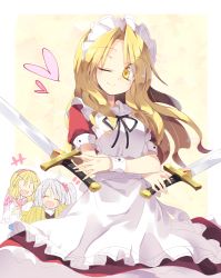 Rule 34 | &gt;:d, +++, 3girls, :d, ;), ^ ^, ahoge, alice margatroid, apron, blonde hair, blush, breasts, closed eyes, dress, dual wielding, flag, gradient background, hair bobbles, hair ornament, heart, holding, looking at viewer, maid apron, maid headdress, multiple girls, one eye closed, open mouth, pom pom (cheerleading), satou kibi, shinki (touhou), side ponytail, silver hair, smile, sword, touhou, touhou (pc-98), v-shaped eyebrows, weapon, yellow eyes, yumeko (touhou), | |