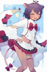 Rule 34 | 1girl, absurdres, animal ears, balloon, bow, crop top, dark skin, facial mark, frilled skirt, frilled sleeves, frills, hair ornament, hairclip, hand on own hip, highres, indie virtual youtuber, midriff, mouse ears, mouse girl, mouse tail, nonaprev, open mouth, pleated skirt, short hair, skirt, smile, solo, tail, thigh strap, thighs, virtual youtuber, yatra (vtuber)