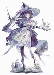 Rule 34 | 1girl, absurdres, asymmetrical legwear, black gloves, black hair, black pantyhose, book, boots, bow, bug, butterfly, capelet, dress, flower, full body, gloves, grey eyes, hair ornament, hat, highres, holding, holding book, holding wand, insect, looking at viewer, mismatched legwear, open book, original, pantyhose, purple eyes, purple flower, short hair, simple background, solo, standing, wand, white background, white dress, witch, witch hat, yoggi (stretchmen)