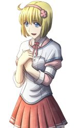 Rule 34 | 00s, 1girl, blonde hair, blue eyes, cosette coalhearth, hairband, official art, open mouth, own hands together, pleated skirt, red skirt, senjou no valkyria, senjou no valkyria (series), senjou no valkyria 2, short hair, skirt, solo, transparent background, watermark