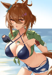 Rule 34 | 1girl, absurdres, agnes tachyon (lunatic lab) (umamusume), agnes tachyon (umamusume), ahoge, between breasts, bikini, bikini under clothes, black bikini, blue shorts, breasts, brown hair, chestnut mouth, collarbone, commentary request, cowboy shot, day, denim, denim shorts, empty eyes, eyelashes, gloves, hair between eyes, half-closed eyes, hands up, highres, jacket, large breasts, leaning forward, long bangs, looking down, medium hair, midriff, navel, official alternate costume, official alternate hairstyle, open clothes, open fly, open shorts, outdoors, parted lips, pointing, pointing at another, pointing at self, red eyes, rihua (shichangcwy), short shorts, short sleeves, shorts, single glove, stomach, swimsuit, tied jacket, umamusume, unbuttoned