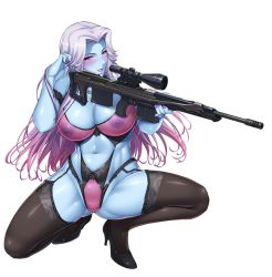 Rule 34 | 00s, 1girl, alberta (taimanin asagi), blue skin, blush, breasts, colored skin, female focus, gun, kokonoki nao, large breasts, lilith-soft, lingerie, lipstick, makeup, multicolored hair, nail polish, nipples, official art, pink hair, pointy ears, purple eyes, revealing clothes, rifle, shiny skin, solo, squatting, taimanin (series), taimanin asagi, taimanin asagi kessen arena, underwear, weapon, white hair