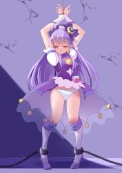Rule 34 | 1girl, absurdres, against wall, blush, breasts, broken wall, brooch, crescent, crescent earrings, cure selene, door, earrings, closed eyes, full body, hair ornament, highres, indoors, jewelry, kaguya madoka, long hair, magical girl, open mouth, panties, pouch, precure, puffy short sleeves, puffy sleeves, purple hair, restrained, shadow, short sleeves, skirt, small breasts, solo, standing, star twinkle precure, sweatdrop, tirofinire, torn clothes, torn skirt, underwear, very long hair, wall, white footwear, white panties