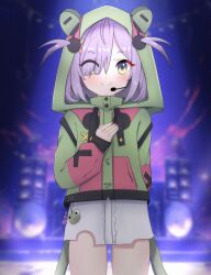 Rule 34 | 1girl, absurdres, blush, blush stickers, commission, concert, dress, eien project, eyebrows, eyelashes, frog, green eyes, hair over one eye, hand on own chest, headset, highres, hood, hoodie, knee up, knees up, looking at viewer, microphone, purple hair, shironomi, short hair, skirt, smile, solo, stage, stage lights, standing, virtual youtuber, zumi dokumi