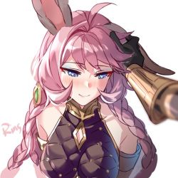 Rule 34 | 1boy, 1girl, ahoge, aki663, animal ears, bare shoulders, blue eyes, blush, braid, breasts, erune, feower (granblue fantasy), gauntlets, gloves, granblue fantasy, hair ornament, hand on another&#039;s head, headpat, long hair, looking at viewer, looking away, out of frame, pink hair, pov, pov hands, sleeveless, smile, tien (granblue fantasy), very long hair