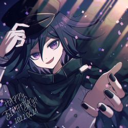 Rule 34 | 1boy, arm up, artist name, black cape, black headwear, black nails, buttons, cape, confetti, danganronpa (series), danganronpa v3: killing harmony, dated, double-breasted, flipped hair, grey jacket, hair between eyes, hand up, happy birthday, jacket, light, looking at viewer, male focus, mikao (eanv5385), nail polish, open mouth, oma kokichi, purple eyes, short hair, smile, solo
