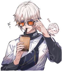 Rule 34 | 2boys, :d, adjusting eyewear, ahoge, aviator sunglasses, belial (granblue fantasy), black shirt, blue eyes, blush, bubble tea, chibi, chibi inset, closed eyes, commentary request, cup, drinking straw, drinking straw in mouth, expressionless, fanny pack, feather boa, granblue fantasy, hair between eyes, heart, highres, holding, holding cup, ichinosenen, layered shirt, layered sleeves, lucilius (granblue fantasy), male focus, messy hair, multiple boys, official alternate costume, open mouth, parted lips, scar, scar on neck, shirt, short hair, smile, star (symbol), stitched neck, stitches, sunglasses, translation request, turtleneck, upper body, white background, white hair, white shirt, yaoi