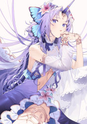 Rule 34 | 1girl, blue eyes, butterfly hair ornament, clothing cutout, commission, detached sleeves, dress, floating hair, flower, hair flower, hair ornament, highres, horns, kitada mo, long hair, looking at viewer, looking down, lotus, midriff, navel, original, own hands together, purple dress, purple hair, single horn, single sleeve, sitting, skeb commission, solo, stomach cutout