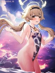 Rule 34 | 1girl, animal ears, animal print, bell, blonde hair, blue archive, blush, breasts, cleavage, commentary request, covered navel, cow ears, cow print, cowbell, evening, fake animal ears, fake horns, halo, hifumi (blue archive), highres, horns, in water, long hair, looking at viewer, low twintails, neck bell, official alternate costume, one-piece swimsuit, open mouth, outdoors, see-through swimsuit, sidelocks, small breasts, smile, standing, swimsuit, twintails, twitter username, unidentified nk, water, wet, wet clothes, wet swimsuit, yellow eyes