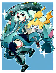 Rule 34 | 1girl, absurdres, aqua hair, artist request, blue eyes, commentary, creatures (company), game freak, gen 3 pokemon, hat, hatsune miku, highres, holding, holding instrument, instrument, japanese clothes, jirachi, legendary pokemon, long hair, mythical pokemon, nintendo, open mouth, pokemon, pokemon (creature), project voltage, sandogasa, simple background, star (symbol), steel miku (project voltage), twintails, very long hair, vocaloid