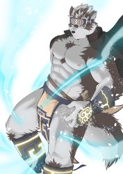 Rule 34 | 1boy, abs, absurdres, ainu clothes, animal ears, bara, bare pectorals, bulge, chest hair, feet out of frame, fighting stance, frown, furry, furry male, glowing, grey hair, headband, highres, horkeu kamui, ioenami, large pectorals, large tail, male focus, muscular, muscular male, navel, nipples, pectorals, pelvic curtain, revealing clothes, short hair, simple background, snow, solo, stomach, tail, thick thighs, thighs, tokyo houkago summoners, two-tone fur, white background, white fur, wind, wolf boy, wolf ears, wolf tail, yellow eyes