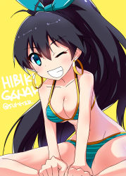 Rule 34 | 1girl, ;d, bikini, black hair, blue eyes, blush, body blush, breasts, character name, cleavage, clenched teeth, earrings, ganaha hibiki, grin, high ponytail, idolmaster, idolmaster (classic), jewelry, long hair, looking at viewer, medium breasts, navel, one eye closed, open mouth, ponytail, sagamihara sakyou, smile, solo, striped bikini, striped clothes, swimsuit, teeth, twitter username, very long hair, yellow background