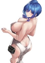 Rule 34 | 1girl, ass, azur lane, backless dress, backless outfit, bag, bare shoulders, blue hair, breasts, butt crack, dress, halterneck, handbag, highres, large breasts, long hair, looking at viewer, no bra, ponytail, purple eyes, rebutsu, side ponytail, sideboob, simple background, solo, st. louis (azur lane), st. louis (luxurious wheels) (azur lane), thighs, white background