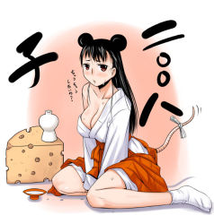 Rule 34 | 1girl, alcohol, animal ears, breasts, cheese, cleavage, food, hakama, hakama skirt, japanese clothes, komusou (komusou1), large breasts, miko, mouse ears, mouse tail, new year, red hakama, sake, skirt, solo, sweat, tail, translation request