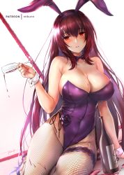 Rule 34 | 1girl, alcohol, animal ears, bare shoulders, blush, bottle, breasts, champagne flute, cleavage, cup, detached collar, drinking glass, fake animal ears, fate/grand order, fate (series), fishnet pantyhose, fishnets, gae bolg (fate), large breasts, leotard, long hair, looking at viewer, official alternate costume, pantyhose, playboy bunny, polearm, purple hair, purple leotard, rabbit ears, red eyes, rei kun, scathach (fate), scathach (piercing bunny) (fate), sitting, smile, spear, weapon, wine, wine bottle
