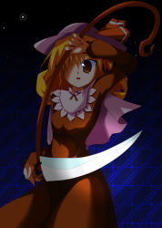Rule 34 | 1girl, blonde hair, dress, elly (touhou), female focus, hat, lotus land story, red eyes, scythe, solo, touhou, touhou (pc-98), white hat